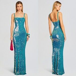 NWT RETROFETE Sequined Crochet Square Neck Sleeveless Mermaid Skirt Maxi Dress M